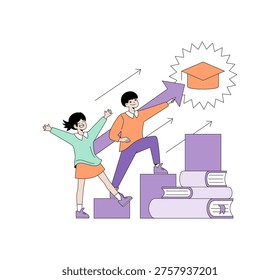 Vector illustration shows two people achieving success in education. They happily climb stacks of books and arrows, reaching towards a graduation cap, symbolizing achievement and growth.
