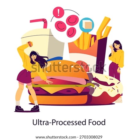 Vector illustration shows two people enjoying ultra-processed foods like burgers, fries, and donuts. The image highlights indulgence in fast food with vibrant elements and cheerful expressions.
