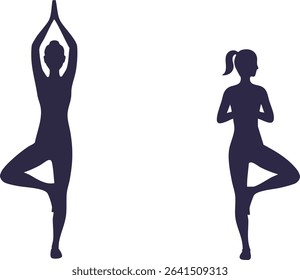 Vector illustration shows two women in balanced yoga tree poses focusing on meditation and health. Minimalistic style creates calm and peaceful mood.