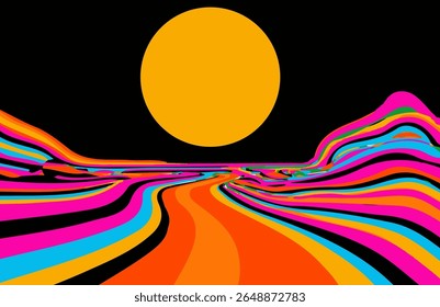 Vector illustration shows a vibrant abstract landscape with wavy hills, a bold yellow sun, and a black sky. The style is retro-modern, using popular neon and bright colors: pink, orange, yellow, blue.