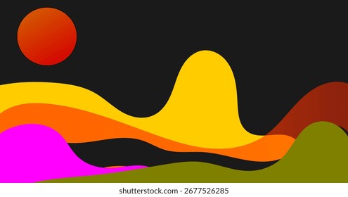La Ilustración vectorial muestra un vibrante paisaje abstracto con colinas onduladas, un atrevido sol anaranjado y un cielo negro. estilo moderno retro, utilizando colores populares de neón y brillantes: rosa, naranja, amarillo, verde