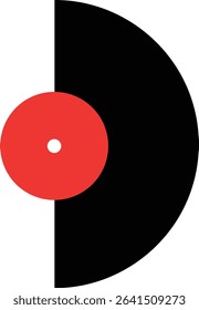 Vector illustration shows a vinyl record with a red center and a black half circle design on a white background presenting a minimalist music concept. Calm mood.
