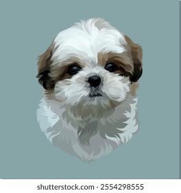 The vector illustration shows a white dog on a green background. 