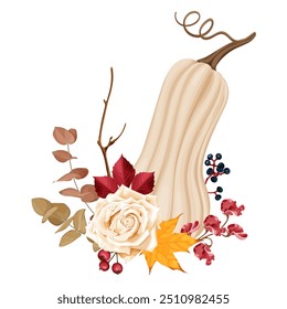 The vector illustration shows a white pumpkin surrounded by elements of autumn: a white rose, leaves and berries of wild grapes, rose hips, pea flowers, creating a seasonal and elegant composition