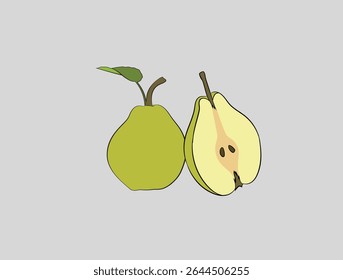 A vector illustration shows a whole green pear and a sliced pear revealing its inner seeds.