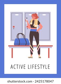 Ilustración vectorial muestra mujer con toalla y bolsa de gimnasio. Ella está relajada en el vestuario con una botella de agua en la mano, lista para su entrenamiento. Afiche con el texto 'Estilo de vida activo'