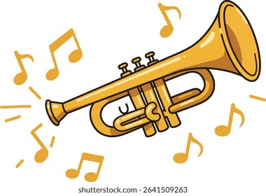 Vector illustration shows a yellow trumpet surrounded by musical notes, symbolizing music and sound in a cheerful and lively style. Bright and playful mood.