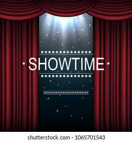 Vector illustration of Showtime background with curtain illuminated by spotlights