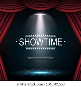 Vector illustration of Showtime background with curtain illuminated by spotlights