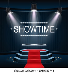 Vector illustration of Showtime banner with podium and red carpet illuminated by spotlights