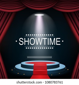 Vector illustration of Showtime banner with podium and curtain illuminated by spotlights