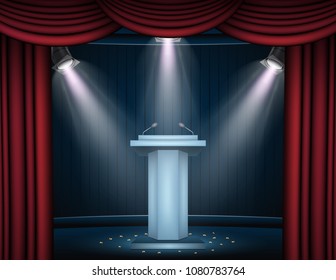 Vector illustration of Showtime banner with podium and curtain illuminated by spotlights