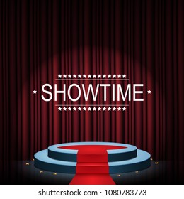Vector illustration of Showtime banner with podium and curtain illuminated by spotlights