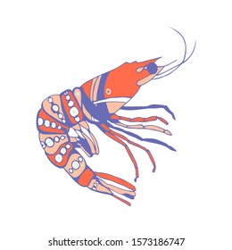 Vector illustration of shrimp in blue and yellow colors. Print for clothing, textiles, design of printed materials. Isolated sea creature on a white background.