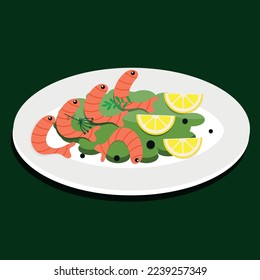 Ilustración vectorial de camarones con limón sobre una placa blanca.	