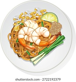 Ilustração vetorial de macarrão thai almofada de camarão, cores vibrantes, vista aérea, fundo branco limpo