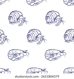 Ilustração vetorial de camarão e camarão, mostrando iguaria marinha. Design artístico de frutos do mar perfeito para temas culinários e aquáticos.