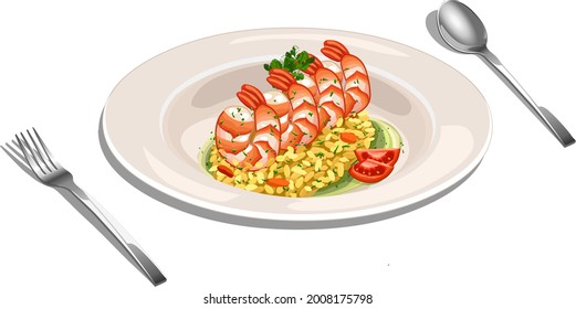 Vector illustration of Shrimp rice arranged in a white plate .