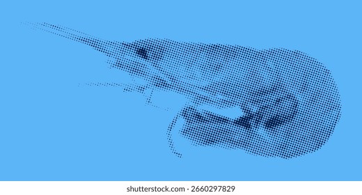 Vector illustration of shrimp with trendy halftone effect. Texture for comics. Langoustine on blue background. Illustration for design and decoration of packaging, stationery, fish store.