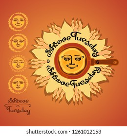 Vector illustration of Shrovetide with flat vector cartoon style sun, plate, pancake and handwritten words Shrove Tuesday. Set of decorative suns.
