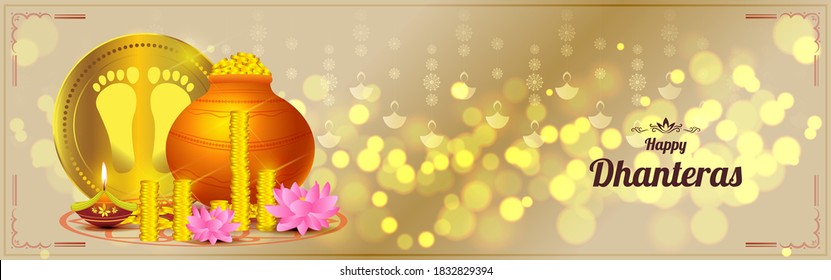 Vektorgrafik von Shubh Dhanteras bedeutet Happy Dhantera mit der Göttin Lakshmi Fußabdruck, Lord ganesha, Puja Kalash, Lotus, Diya, Goldmünztopf, auf schönem Bokeh-Hintergrund.