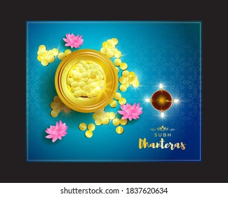 Vector illustration of Shubh Dhanteras means Happy Dhantera with goddess Lakshmi footprint, lord ganesha, puja kalash, lotus, diya, gold coin pot, on beautiful bokeh background.