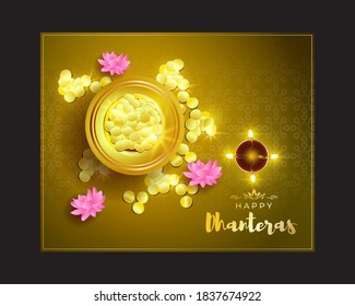 Vector illustration of Shubh Dhanteras means Happy Dhantera with goddess Lakshmi footprint, lord ganesha, puja kalash, lotus, diya, gold coin pot, on beautiful bokeh background.