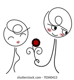 Vector illustration of a shy boy giving a flower to his girlfriend