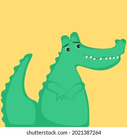 Vector illustration of a shy green crocodile covers belly with paws. Yellow background.