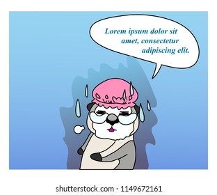 Vector illustration, shying otter with applied facemask and eyepatches. With drop symbols on a head and speech bubble. Comics style. Can be used for advertisement banners, stickers.