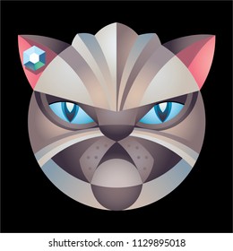 Vector illustration of Siamese cats head. Сreative geometric style. Abstract pattern of geometric shapes. Isolated cats face. Serious, angry, important Cats emotions. Bright print for T shirts, badges