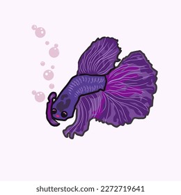 Vector illustration of siamese fighting fish in violet and pink color with light pink bubble 