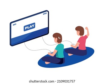 Vector illustration siblings playing video games on a game console in cozy living room background. 