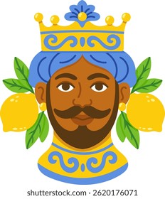 Vector illustration of Sicilian ceramic male head with crown, blue turban, lemons and green leaves