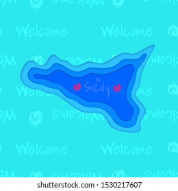 Vektorgrafik. sizilianische Karte. Stilvolle geometrische Form der Insel. Hintergrund mit Schild. Willkommen in Sizilien. Helles touristisches Design. Für Andenken-Postkarten oder Etikettenaufkleber bedrucken.
