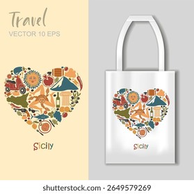 Vector illustration of Sicily icons in heart shape and tote bag mockup perfect for travel prints souvenirs gifts and Mediterranean design projects