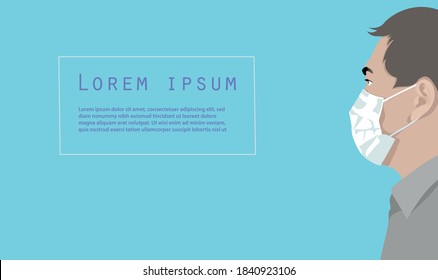 Vector illustration of sick adult man wearing medical mask on blue background. He's looking at the copy space. It could be a warning sign, important healthcare information or your logo.