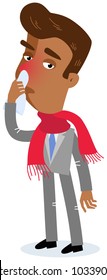 Vector illustration of a sick asian cartoon businessman having a cold and runny nose wearing scarf isolated on white background