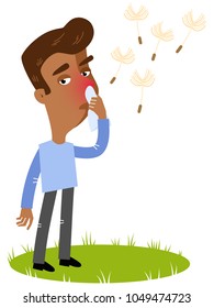 Vector illustration of a sick asian cartoon man having allergy to pollen, suffering from hay fever with tissue isolated on white background