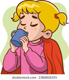 vector illustration of sick boy drinking hot tea