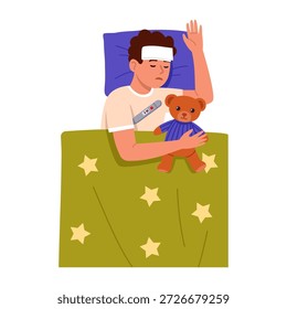 Vector illustration sick boy lying in bed with a thermometer. Cartoon scene: boy with high fever lying in bed with compress, covered with blanket, holding teddy bear isolated on white background.