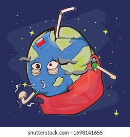 
vector illustration of a sick earth with a coughing pose and covered in plastic rubbish