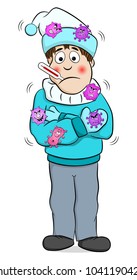 vector illustration of a sick, freezing cartoon man with a fever