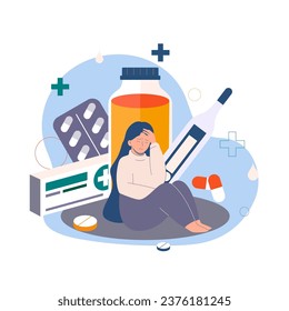 Vector illustration of a sick girl sitting among different medicines and a thermometer. A woman holds her head due to stress related to treatment and health. Illustration for medical posters, stands.