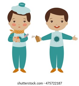 Vector illustration of sick and  healthy child. 