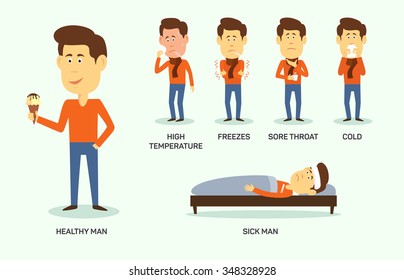 Vector illustration of sick and healthy man with ice-cream.  Symptom of high temperature, freeze, sore thoat, cold.