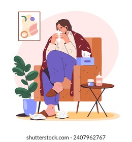 Vector illustration of sick or ill woman at home. Cartoon flat character with cold or flu, fever disease or sneeze having home treatment. Female sickness or viral illness, allergy. Health care