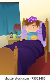 A vector illustration of a sick kid resting on bed