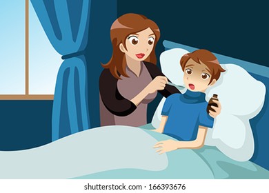 A Vector Illustration Of Sick Kid Taking Medicine