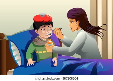 A Vector Illustration Of Sick Kid Taking Medicine